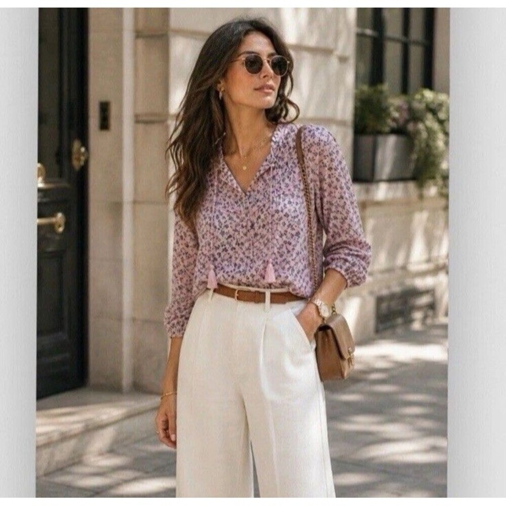 J.Jill Floral Blouse Ruffle Neck Boho Cottagecore Romantic Cotton Pink Navy M - Picture 5 of 10
